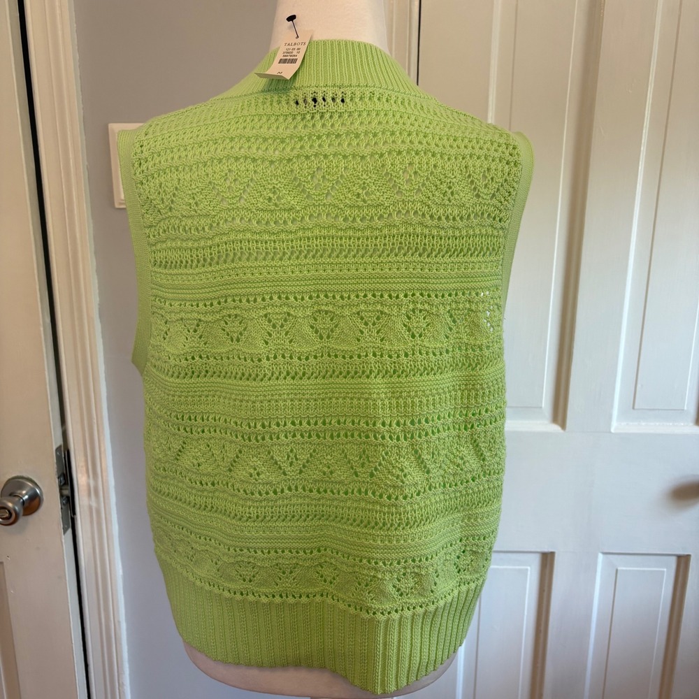 NEW Talbots Womens Medium Sweater Vest Green Pointelle Knit V-Neck 100% Cotton - Picture 3 of 8
